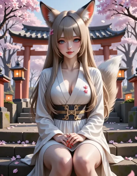 "High-detailed 8K Ultra HD digital illustration in anime style with 'Fox's Love Confession' theme, featuring classic comics and toxic pop-art elements. Depicts a 25-year-old kitsune girl, tall, slender, with large breasts, glossy light skin, blue eyes with...