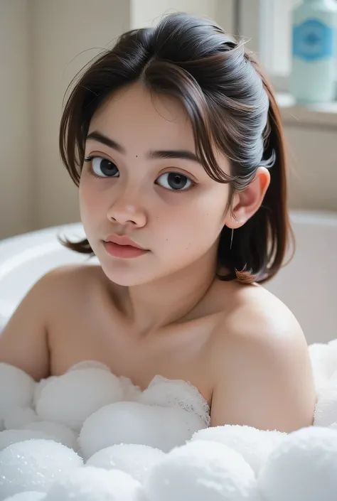 The facial reaction is very gloomy and sad, CREATE ANIME CARTOON 3D PHOTO, "A highly realistic, ultra-detailed portrait of a woman relaxing in a bubble bath, captured in the best settings of a SONY A7R with a fast prime lens (f/1.8). The scene features a m...
