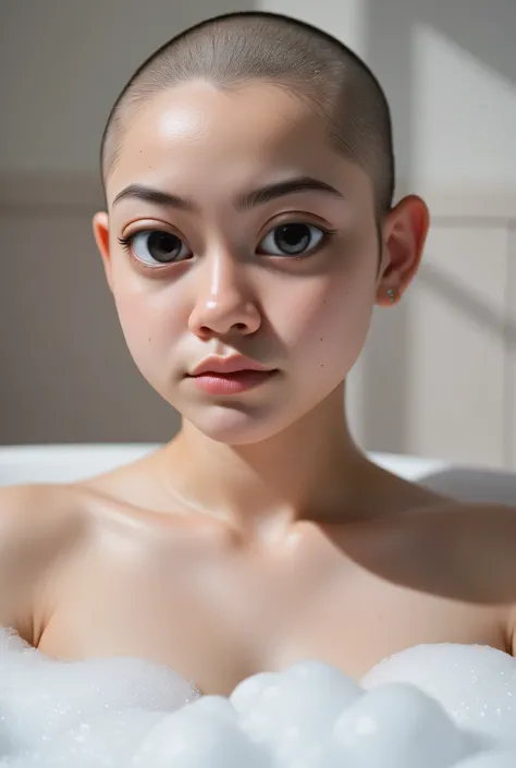 The facial reaction is very gloomy and sad, CREATE ANIME CARTOON 3D PHOTO, "A highly realistic, ultra-detailed portrait of a woman relaxing in a bubble bath, captured in the best settings of a SONY A7R with a fast prime lens (f/1.8). The scene features a m...