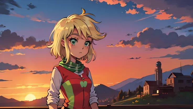 applejack (mlp) cowgirl, com vestes country, with short cut hair with long bangs in orange color with red stripes, with a green scarf around his neck, watching the sunset.