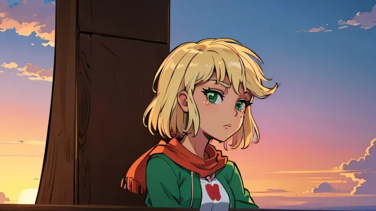 applejack (mlp) cowgirl, com vestes country, with short cut hair with long bangs in orange color with red stripes, with a green scarf around his neck, watching the sunset.
