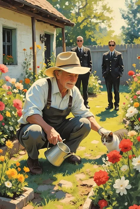 acrylic painting style, kind-faced elderly man peacefully tending to his garden in the foreground, wearing a straw hat and gardening gloves, surrounded by blooming flowers and vegetable beds, gently watering plants with a small can, a relaxed tabby cat cur...