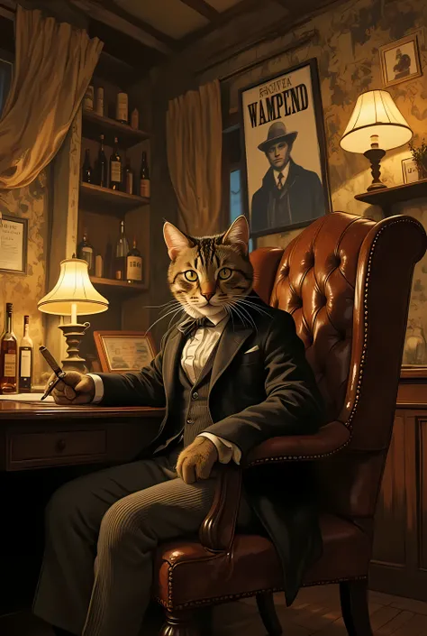 photorealistic full body shot, a stern-looking tabby cat sitting like a mafia boss in a high-back leather chair behind a rustic wooden desk, dressed in a tiny vintage 19th-century Italian-style waistcoat and cravat, small cigar in paw, dimly lit room with ...