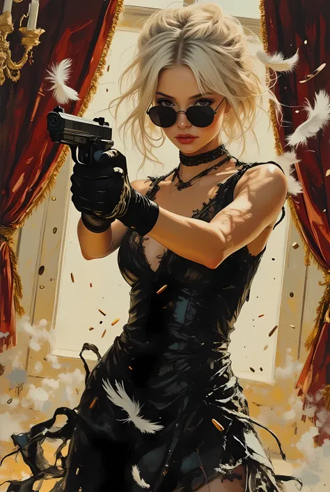 slow-motion action shot, a baby-faced female mafia boss in her twenties with platinum blonde hair styled in an elaborate updo, wearing bold round sunglasses and a sculptural black evening dress with shimmering textures, long gloves, firing a compact submac...