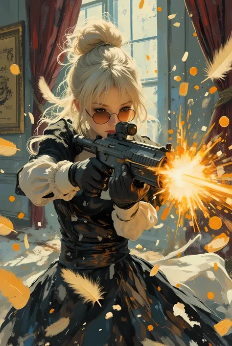 slow-motion action shot, a baby-faced female magical gang boss in her twenties with platinum blonde hair tied in a dramatic updo, wearing round sunglasses and a black witch-style dress inspired by Touhou's Marisa Kirisame, with simplified sharp-edged frill...