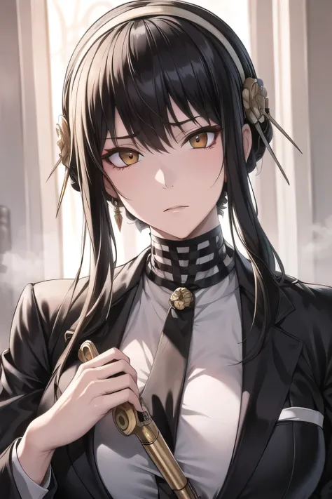 yellow hair band,Long Black Hair,The leader of the secret mission,wearing a white tuxedo suit,clothes that are easy to move around in,can you draw a gang boss, Hitman, Assassin ,has an unforgiving expression,Carrying a gun,,facial expression is given top ...