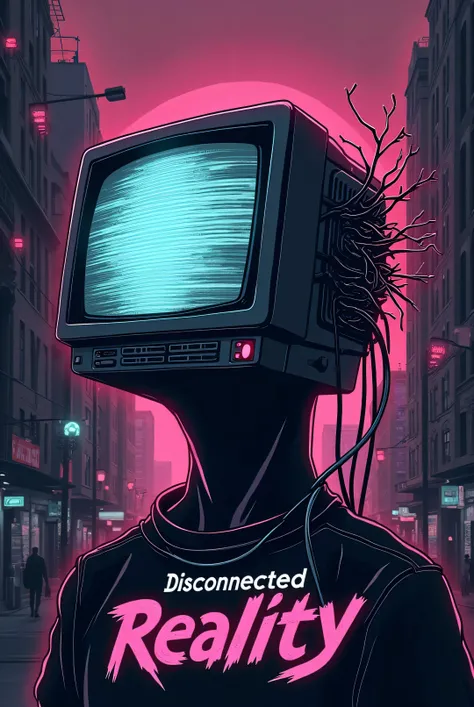 Surreal illustration of a human head with an old CRT TV as the face, the TV screen showing static glitch patterns, wires coming out of the back like veins, glitch effects and distortion on one side of the head, dark urban background with faded city lights,...