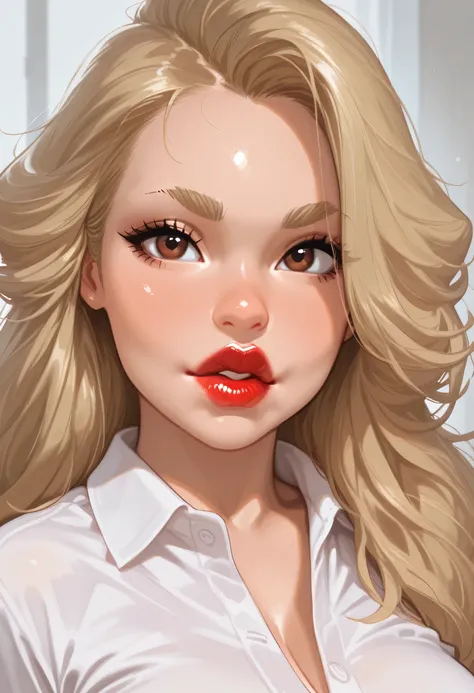 large hair, blonde hair, thin eyebrows, brown eyes, thick lips, red lips, female beautiful, face perfect, white shirt, large breasts, pov