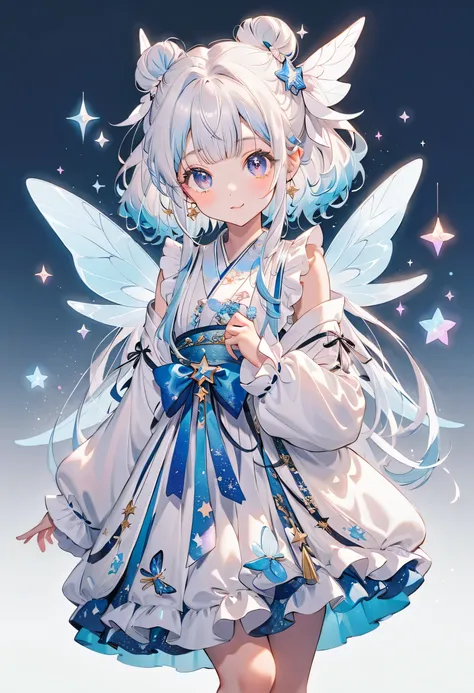 Full Body Standing Picture 、((Shiny milky white to light blue gradation hair color)) ,((unique and cute hairstyle)), ((milky white and blue gradation hair color))),attention to beautiful details,(( palette of white and blue shades )), ((neonカラースターチョーカー)),...