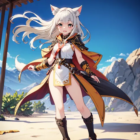 masterpiece, best quality, miqo'te girl from final fantasy xiv, seekers of the sun clan, tan skin, golden cat-like eyes, short fangs, long feline tail, standing tall ears, athletic and toned body, wearing tribal-style leather armor or light cloth outfit, g...