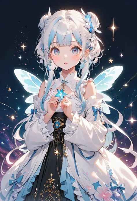 Full Body Standing Picture 、pretty face、Babyface、((Shiny milky white to light blue gradation hair color)) ,((unique and cute hairstyle)), ((milky white and blue gradation hair color))),attention to beautiful details,(( palette of white and blue shades )),...