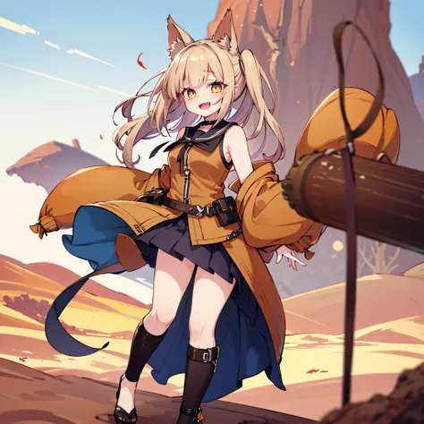 masterpiece, best quality, miqo'te girl from final fantasy xiv, seekers of the sun clan, tan skin, golden cat-like eyes, short fangs, long feline tail, standing tall ears, athletic and toned body, wearing tribal-style leather armor or light cloth outfit, g...