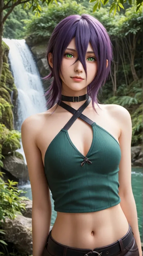 1girl, solo,green eyes,purple hair,outdoors,potrait,medium breast,forest,(half body:1.4),front view,standing under waterfall,waterfall background,looking at viewer,(potrait view:1.4),standing under waterfall(wear final fantasy outfit:1.4),(hair between eye...