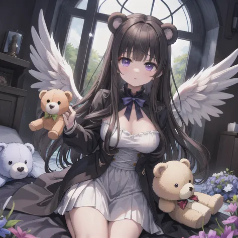 holding a stuffed bear、Innocent、Angel from the Underworld、 long hair, dark hair, purple eyes.