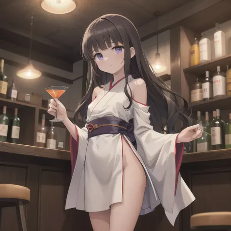 A 2D anime-style illustration. The scene is set inside a dimly lit, cozy Japanese "snack" bar. The lighting is soft and warm, with gentle shadows creating a relaxed, moody atmosphere. Bottles of liquor line the shelves behind the bar, and small round table...