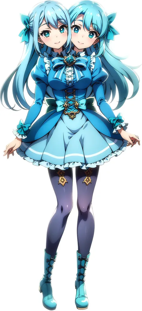 ((best quality), (high quality), (detailed), (masterpiece), good artist, 1girl, (2heads:1.5), ((long waist-length aqua blue hair:1.5)), ((long hair:1.5)),((frilly sky blue and cyan dress with a large waist ribbon)), (a lace-up bodice with a large chest bow...
