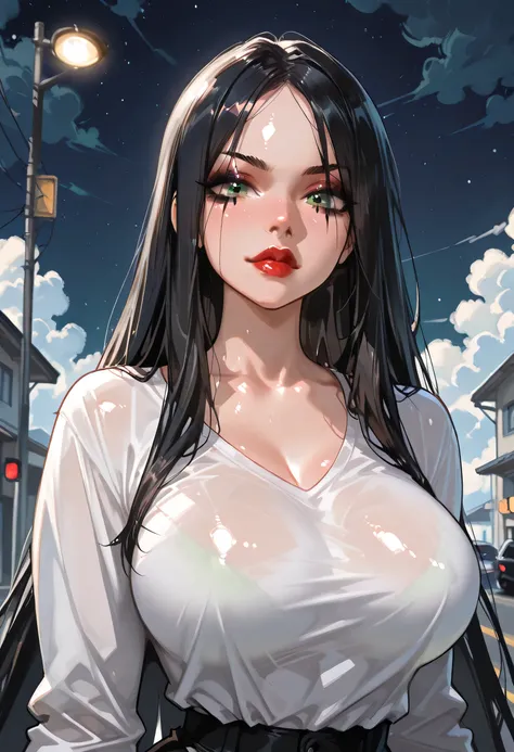 (perfect face, perfect body), black hair, very long straight hair, black thin eyebrows, green eyes, black eyeliners, nose, thick lips, red lips, beautiful face, large breasts, shirt, (shiny skin), looking at viewer, (night sky, cloud sky, roading)