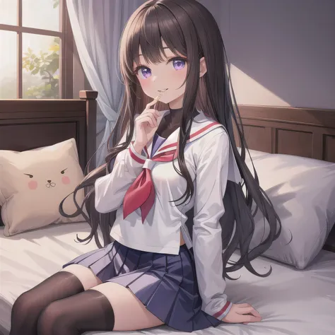 A cute girl wearing a Japanese schoolgirl sailor uniform. She is sitting on a bed in a cozy, plush-filled girl's bedroom. Her hands are lightly clasped in front of her mouth, as if holding something invisible. Her expression is dreamy and happy, with sligh...