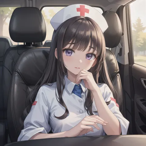 A beautiful girl sitting in the passenger seat of a compact car. She's wearing a light blue nurse uniform with a matching nurse cap, styled in a soft, elegant way. She leans slightly toward the driver's seat, her upper body tilted forward naturally. Her ha...
