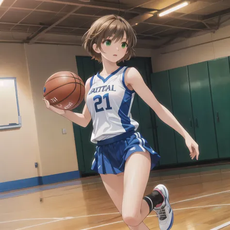 A young female basketball player makes a dynamic jump shot with elegance and control. She holds the ball firmly in both hands, her form showing strong confidence and skill. Her athletic uniform fits her form well, paired with high socks and sneakers in mat...