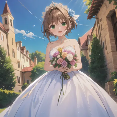 A breathtakingly beautiful 20-year-old woman stands in the courtyard of a luxurious mansion beneath a clear blue sky. She wears a white and blue wedding dress, holding a red bouquet gracefully in front of her chest. Her radiant smile and joyful expression ...