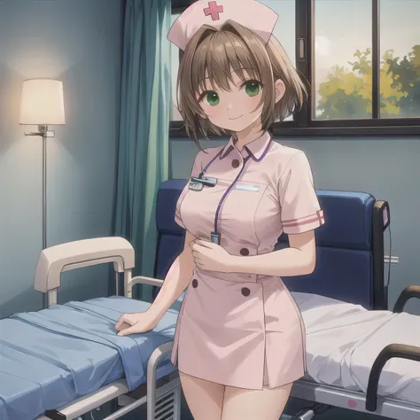 A breathtakingly beautiful 20-year-old woman stands in a warmly lit hospital room, dressed in a white mini-skirt nurse uniform with a matching cap. Her shy smile adds a touch of charm, while the surrounding medical equipment and furnishings create an authe...