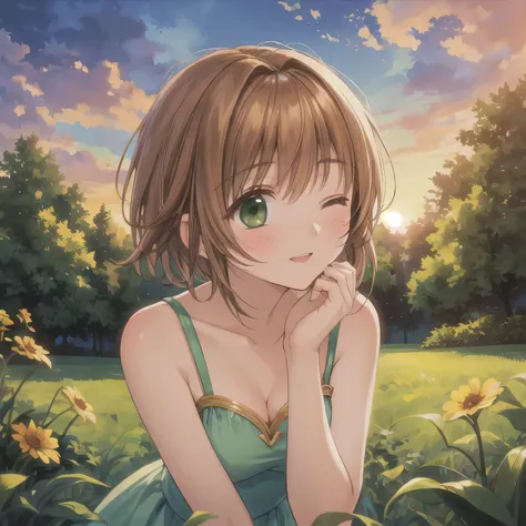 A breathtakingly beautiful 20-year-old woman stands in a lush green park at sunset, bathed in the warm golden light of the evening sun. Facing forward, her eyes gently closed, cheeks slightly flushed, and her face tilted upward as if anticipating a kiss, s...