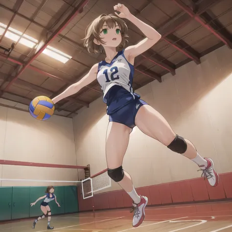 A breathtakingly beautiful 20-year-old woman soars into the air on a volleyball court inside a brightly lit gymnasium, preparing to spike the ball with precision and power. Her athletic form is accentuated by a sleek, form-fitting uniform, and her intense ...
