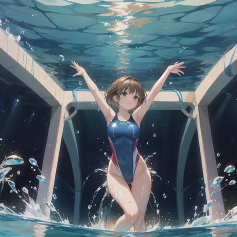 Depict a 20-year-old, breathtakingly beautiful woman performing synchronized swimming in a crystal-clear pool. She wears a stunning, form-fitting swimsuit adorned with sparkling embellishments, designed for both elegance and functionality. Her body moves i...