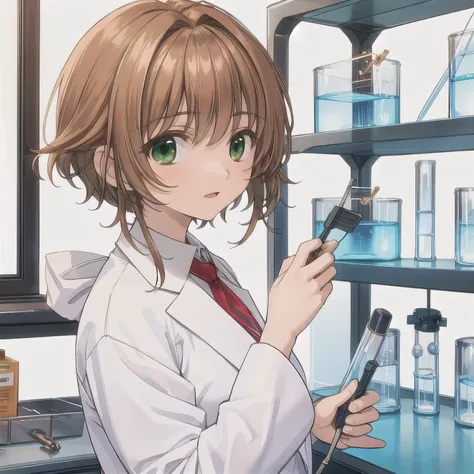 Depict a 20-year-old, stunningly beautiful woman conducting an experiment in a well-equipped science lab. She wears a pristine white lab coat over professional attire, her expression focused as she carefully handles scientific instruments. Whether her hair...