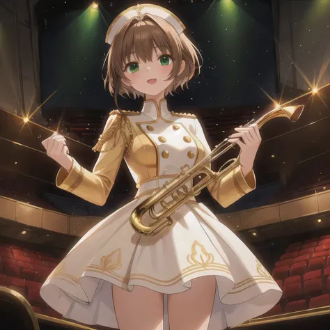 Depict a 20-year-old, dazzlingly beautiful woman playing a brass instrument in a grand concert hall. She wears an elegant yet practical band uniform, designed with intricate gold embroidery. Her posture is poised, fingers positioned with precision, her eye...