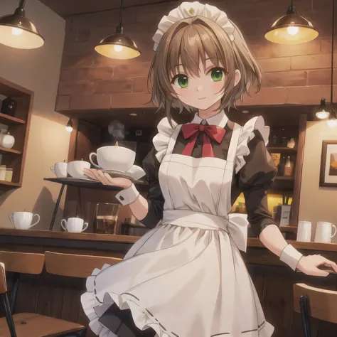 A girl is working as a waitress in a cozy cafe. She's wearing a classic maid outfit. The air feels warm and calm, and it's like you can almost smell the coffee through the picture. short hair, brown hair, green eyes.