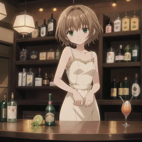 A 2D anime-style illustration. The scene is set inside a dimly lit, cozy Japanese "snack" bar. The lighting is soft and warm, with gentle shadows creating a relaxed, moody atmosphere. Bottles of liquor line the shelves behind the bar, and small round table...