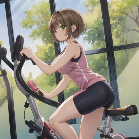 A fitness gym, a person training on a stationary bike, side view, bright morning sunlight through large windows.  short hair, brown hair, green eyes.