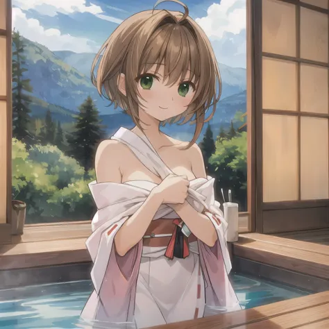 The background is a traditional Japanese public bathhouse (sento). The character is wrapped in a towel around the body, preparing to enter the bath. short hair, brown hair, green eyes.