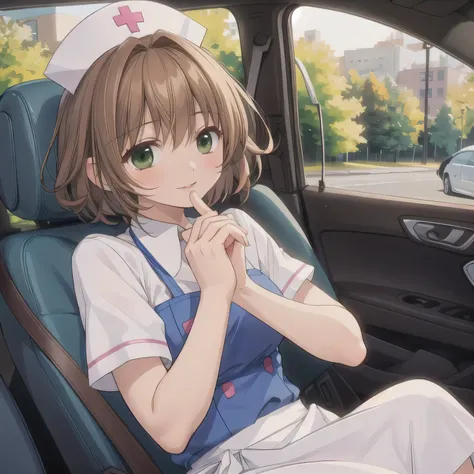 A beautiful girl sitting in the passenger seat of a compact car. She's wearing a light blue nurse uniform with a matching nurse cap, styled in a soft, elegant way. She leans slightly toward the driver's seat, her upper body tilted forward naturally. Her ha...