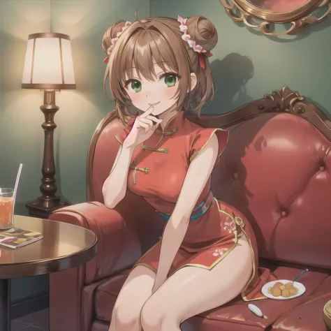 A cute girl, hair styled in two side buns, wearing a vivid red traditional Chinese dress with modest design details. She is sitting in a Japanese karaoke box, surrounded by a typical sofa, table, drink cup, and a moist hand towel. The background shows cozy...
