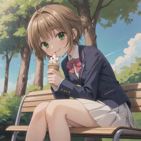A cute anime-style high school girl wearing a neat Japanese blazer school uniform. She is sitting on a wooden park bench under the clear daytime sky. The girl is holding a rectangular ice cream bar with both hands, firmly yet delicately, and biting it gent...