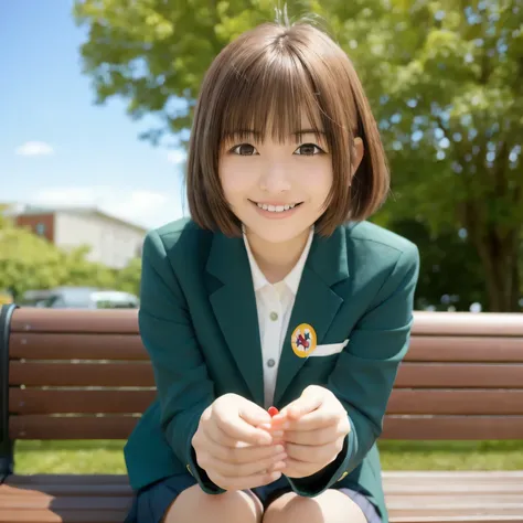 A cute anime-style high school girl wearing a neat Japanese blazer school uniform. She is sitting on a wooden park bench under the clear daytime sky. The girl is holding a rectangular ice cream bar with both hands, firmly yet delicately, and biting it gent...