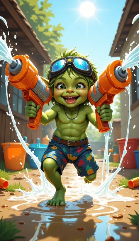 goblin, 1child, 1kid, 1teen, 1baby, gleefully playing, water guns, sunny outdoor setting, small, green-skinned, full of chaotic energy, colorful shorts, goggles pushed up on the forehead, soaked clothes clinging to body, hold two oversized cartoon-style wa...