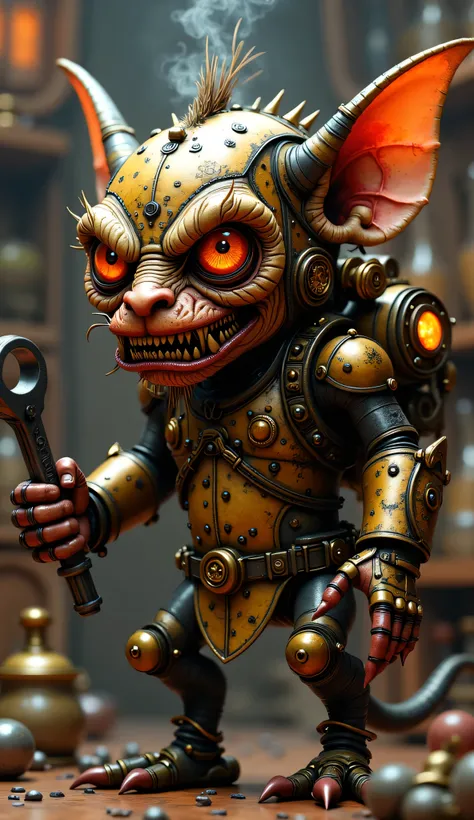 goblin-robot, steampunk style, mechanical creature, built with brass copper and polished wood, goblin face is crafted from riveted metal plates with glowing monocle eyes and a mischievous grin made of jagged gear-like teeth, steam vents puff from back, lim...