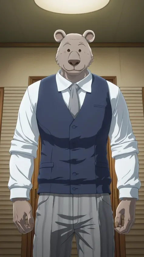 absurd res, best quality, high quality, detailed,  Riz, broad shoulders, mature male, brown eyes, athletic build, muscular male, round ears, bear, buff, gray body, blue vest, white long sleeve shirt, gray tie, standing, indoors, dorm, looking at viewer, ha...