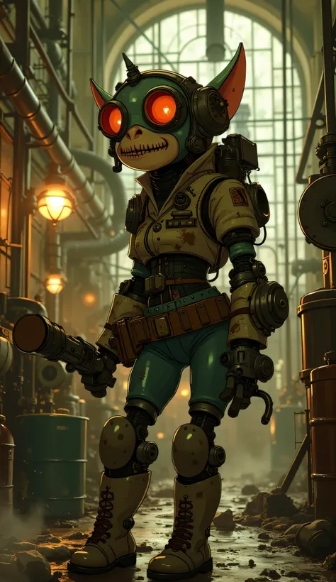 goblin-robot, female, dieselpunk style, rugged, mechanical character, built from dark steel, reinforced plating, and oil-stained components, goblin features, retro-industrial machinery, glowing red eyes behind a welding visor, sharp-toothed metal grin, poi...