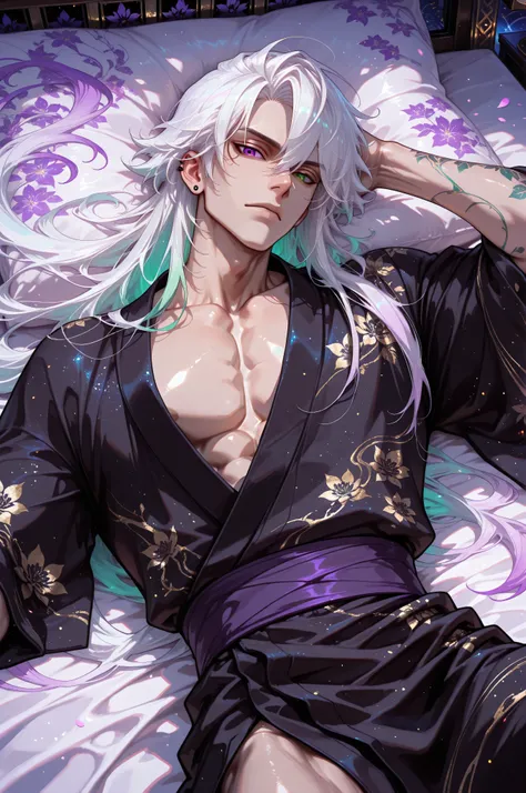 male, handsome, tall, finely detailed purple and green heterochromia eyes and detailed face, puffy lips,, ((very long white hair)), more details, humanoid dragon-god, looking at the viewer, light skin, lying down on bed, detailed textures, (((male focus)))...
