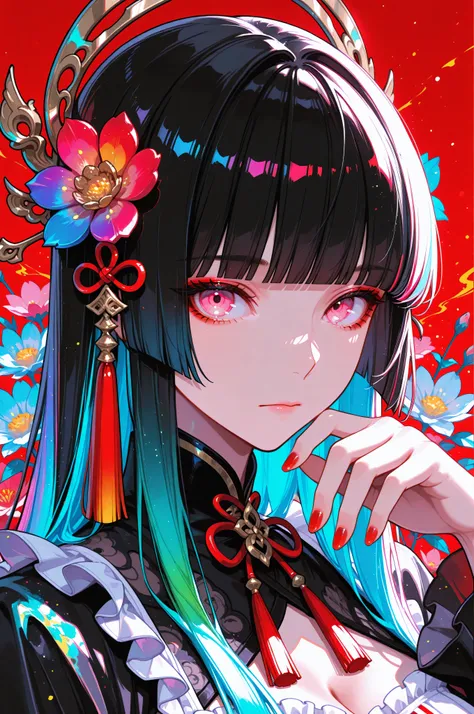 woman, solo, red nails, looking at viewer, bangs, pink eyes, long hair, black hair, hair ornament, hand up, flower, blunt bangs, closed mouth, tassel, ribbon, portrait, colorful, red background, frills, multicolored hair, upper body,