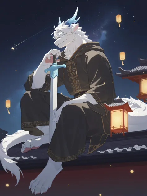 Full Body,body,male，furry male,solo,mature,‌youth,muscle,dressed,Knight,black clothes,Nightwear,hood,Ornate Sword,by zixiong,(study),China,Tang Dynasty，Conch ,Grand Thief , white Dragon， white scales,white fur,furry,Dragon，gentle,animal ears，ice blue Drago...