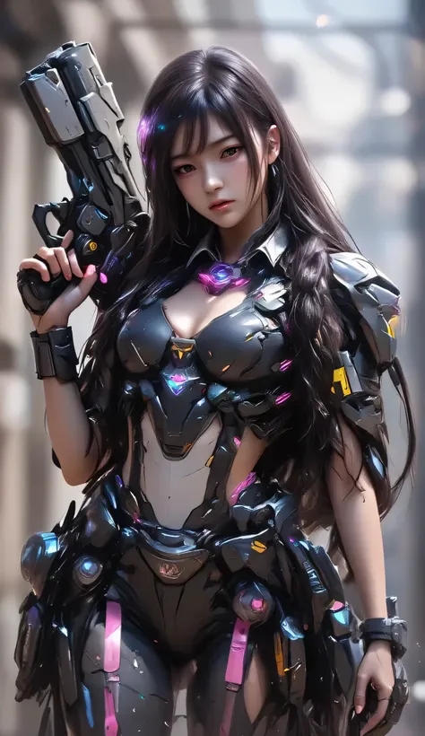 computer traitor , 1 Girl , [agent,drooping eyelids,Thick lips, Teeth Tightening ,Cutting,side braid,wristband, Black Combat Suit , Body Armor , With Belt , Extreme Sneakers , Visible from afar ,holding a gun ,Magic Ring ,Silhouette, Ice System R...