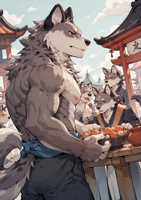Feel, kemono ,breakpoint _9_Up,Fraction_8_Up,Fraction_7_Up,Fraction_6_Up,Fraction_5_Up,Fraction_4_Up,, Wolf, (eyes with purple pUpils), Wearing Hanfu,muscles,'s only,Wolf tail，watching the audience,white fur，Red Eyes,Hanbok，Ancient Chinese architecture in ...