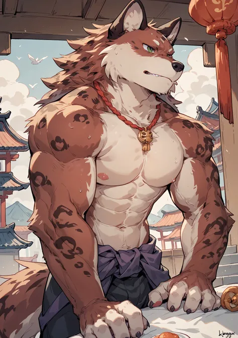 Feel, kemono ,breakpoint _9_Up,Fraction_8_Up,Fraction_7_Up,Fraction_6_Up,Fraction_5_Up,Fraction_4_Up,, Wolf, (eyes with purple pUpils), Wearing Hanfu,muscles,'s only,Wolf tail，watching the audience,red fur，green eyes,Hanbok，Ancient Chinese architecture in ...