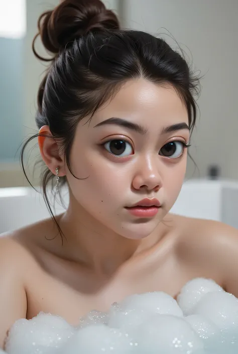 The facial reaction is very gloomy and sad, CREATE ANIME CARTOON 3D PHOTO, "A highly realistic, ultra-detailed portrait of a woman relaxing in a bubble bath, captured in the best settings of a SONY A7R with a fast prime lens (f/1.8). The scene features a m...